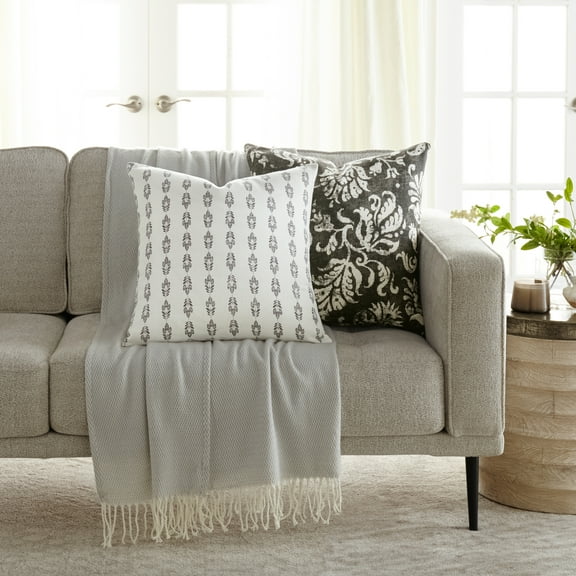Noble Linens 2-Pack Cotton Slub Decor Throw Pillows - Distressed Floral Charcoal