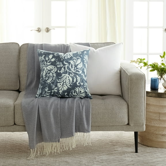 Noble Linens 2-Pack Cotton Slub Decor Throw Pillows - Distressed Floral Navy