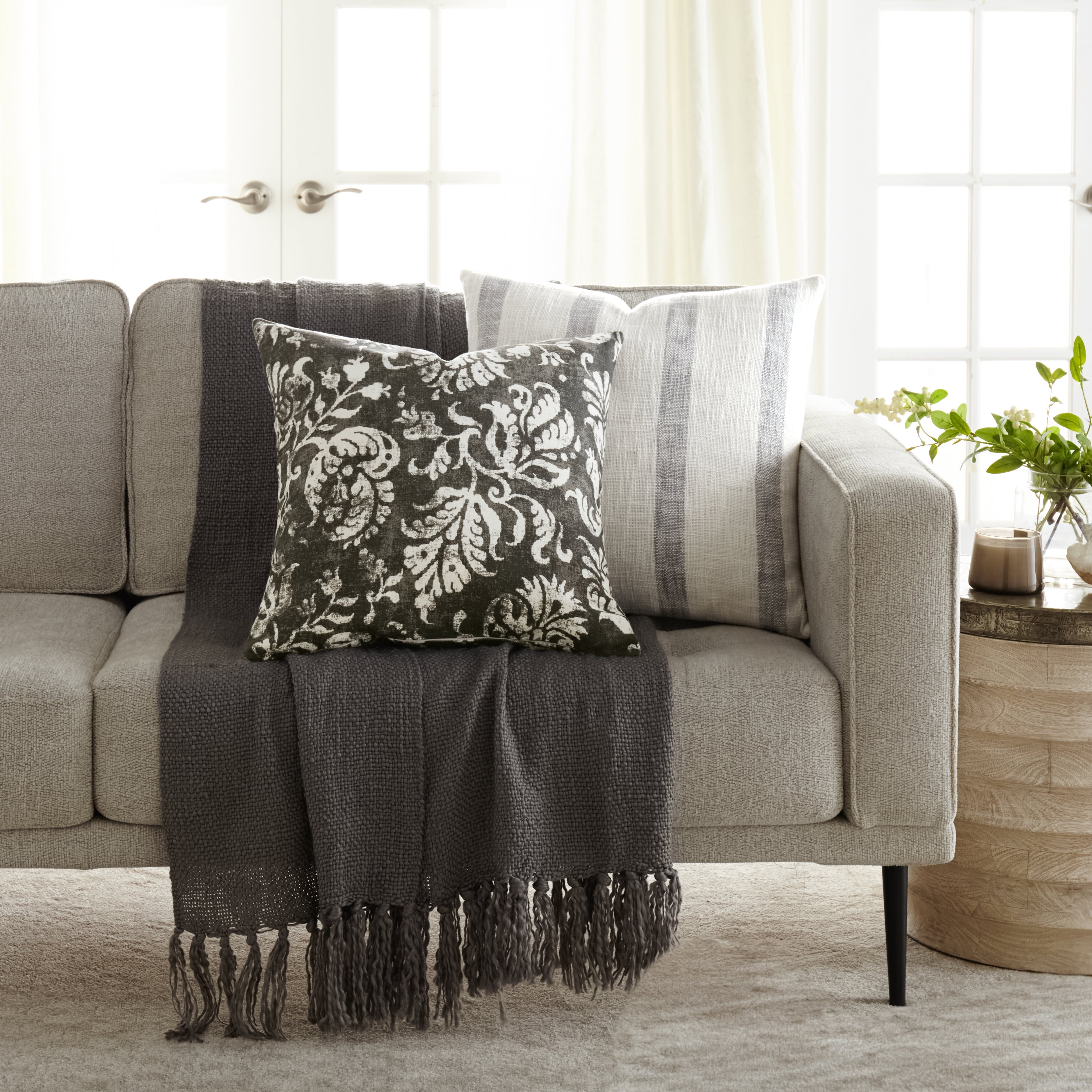 Noble Linens 2-Pack Decor Throw Pillows Floral Charcoal and Yarn-Dyed Awning Stripe