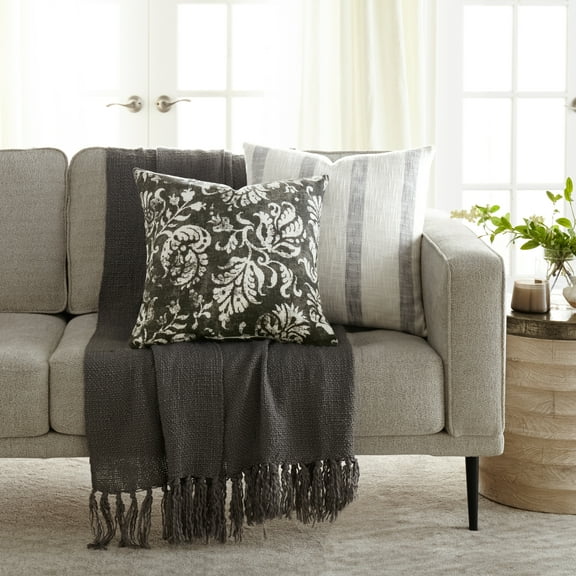 Noble Linens 2-Pack Decor Throw Pillows Floral Charcoal and Yarn-Dyed Awning Stripe