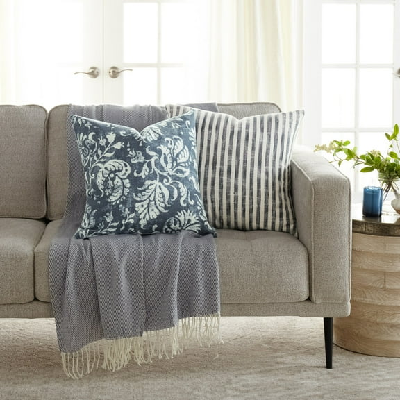 Noble Linens 2-Pack Decor Throw Pillows Floral Navy and Yarn-Dyed Bengal Stripe