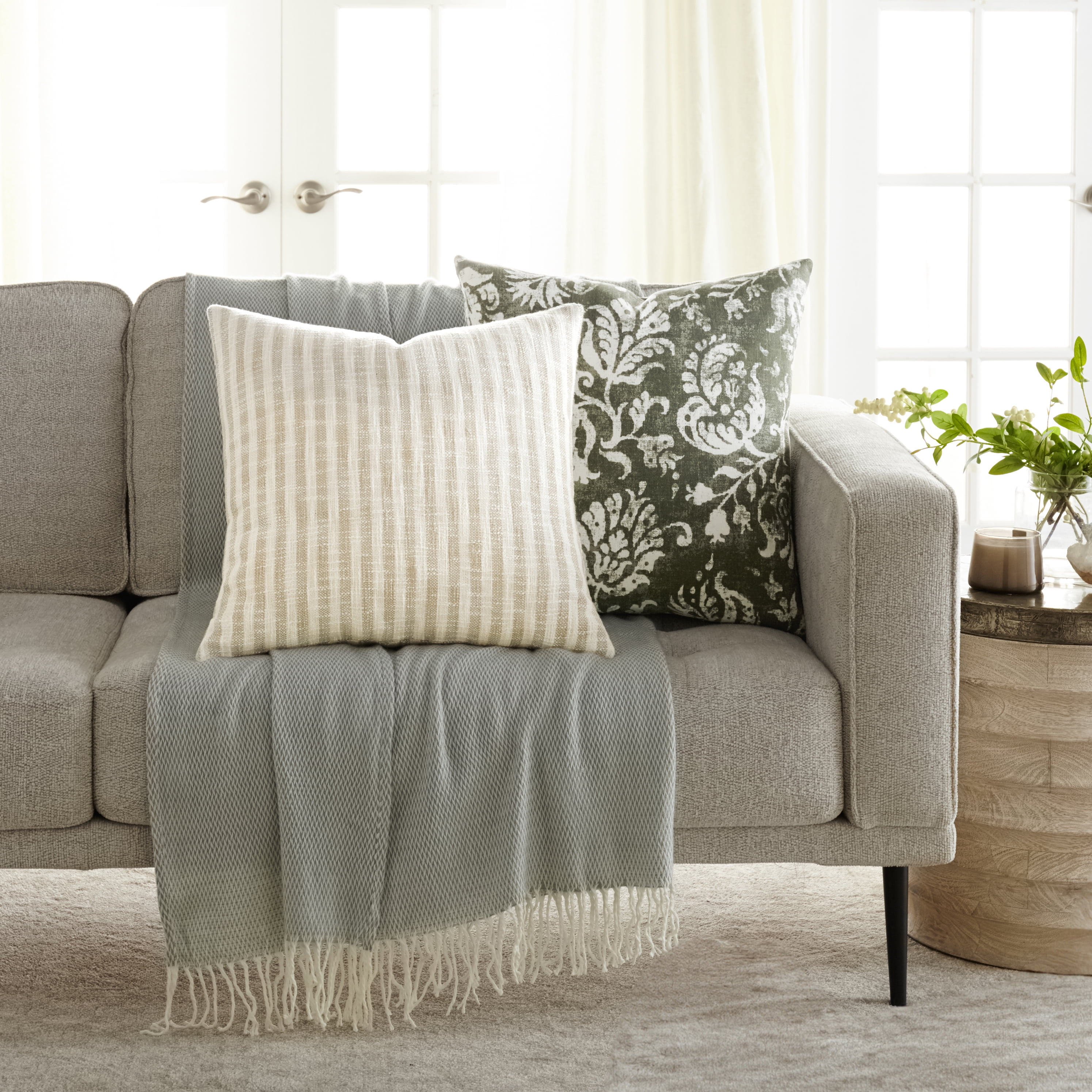 Noble Linens 2-Pack Decor Throw Pillows Floral Olive and Yarn-Dyed Bengal Stripe