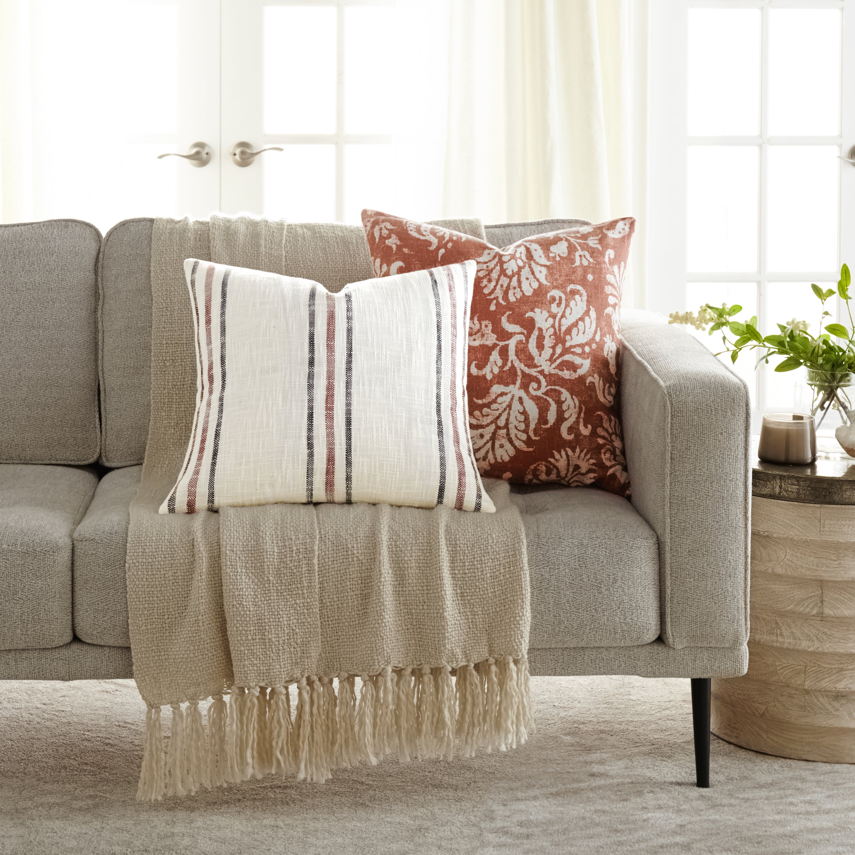 Noble Linens 2-Pack Decor Throw Pillows Floral Terracotta and Yarn-Dyed Framed Stripe