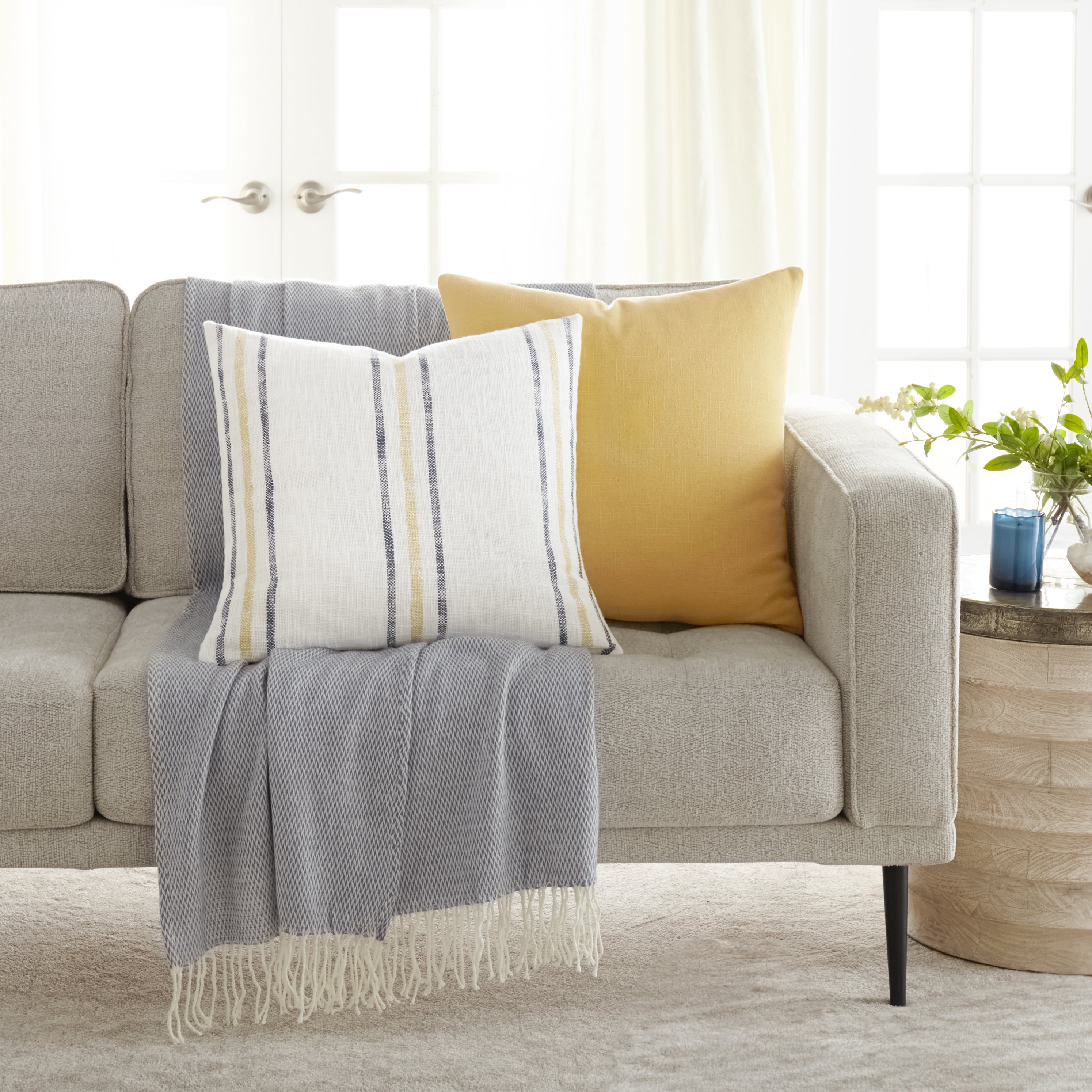 Noble Linens 2-Pack Decor Throw Pillows Mustard Yarn-Dyed Framed Stripe and Solid
