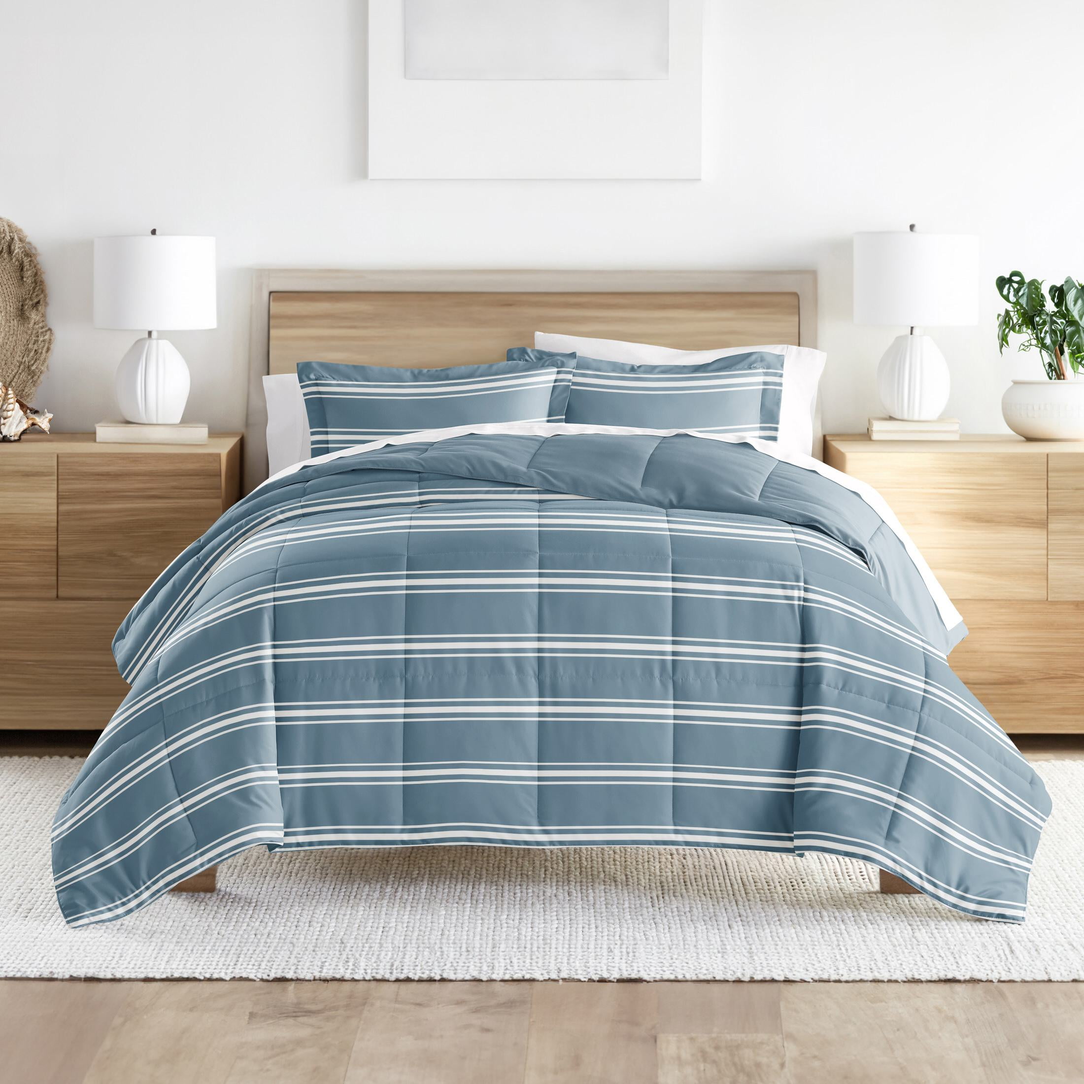 Light Blue Striped Microfiber Twin Reversible Duvet Set