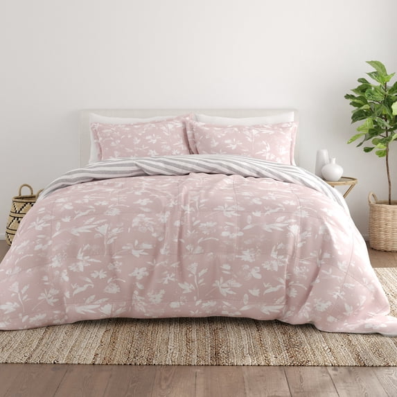 Noble Linens 2-Piece Pink Pressed Flowers Reversible Print Comforter Set, Twin/TwinXL