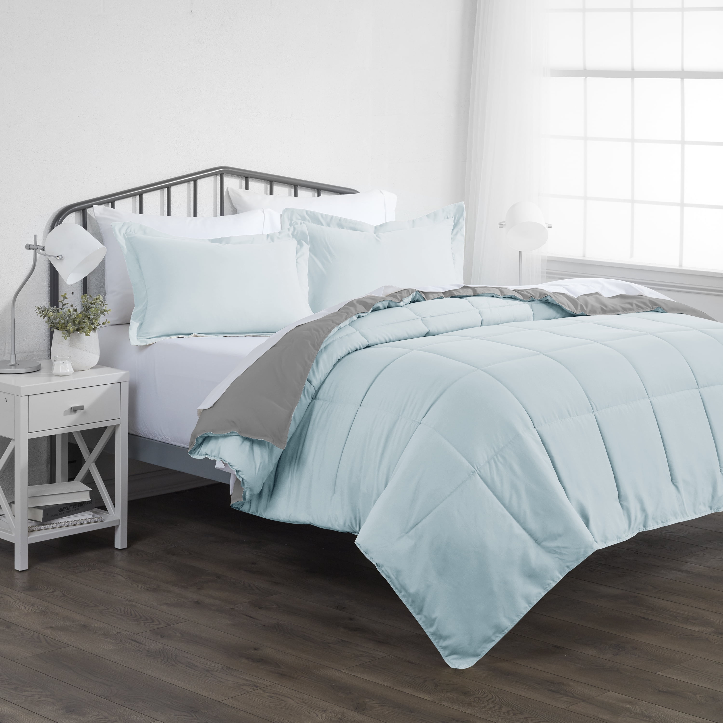 Noble Linens Soft 3-Piece Aqua & Gray Reversible All Season Lightweight Down Alternative Comforter Set, King/Cal King