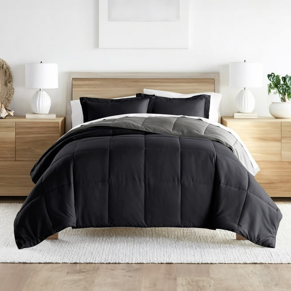 Noble Linens 3-Piece Black & Fog Reversible Down Alternative Comforter Set, Full/Queen