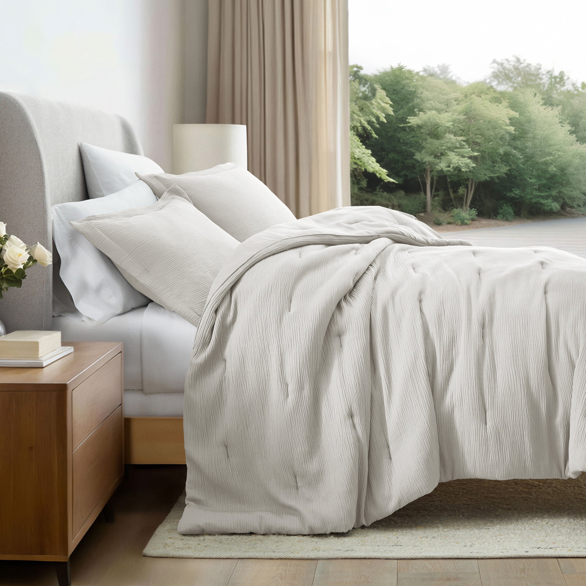 Noble Linens 3 Piece Cloud Gauze Textured All Season Down-Alternative Comforter Set, Dune, King/Cal-King