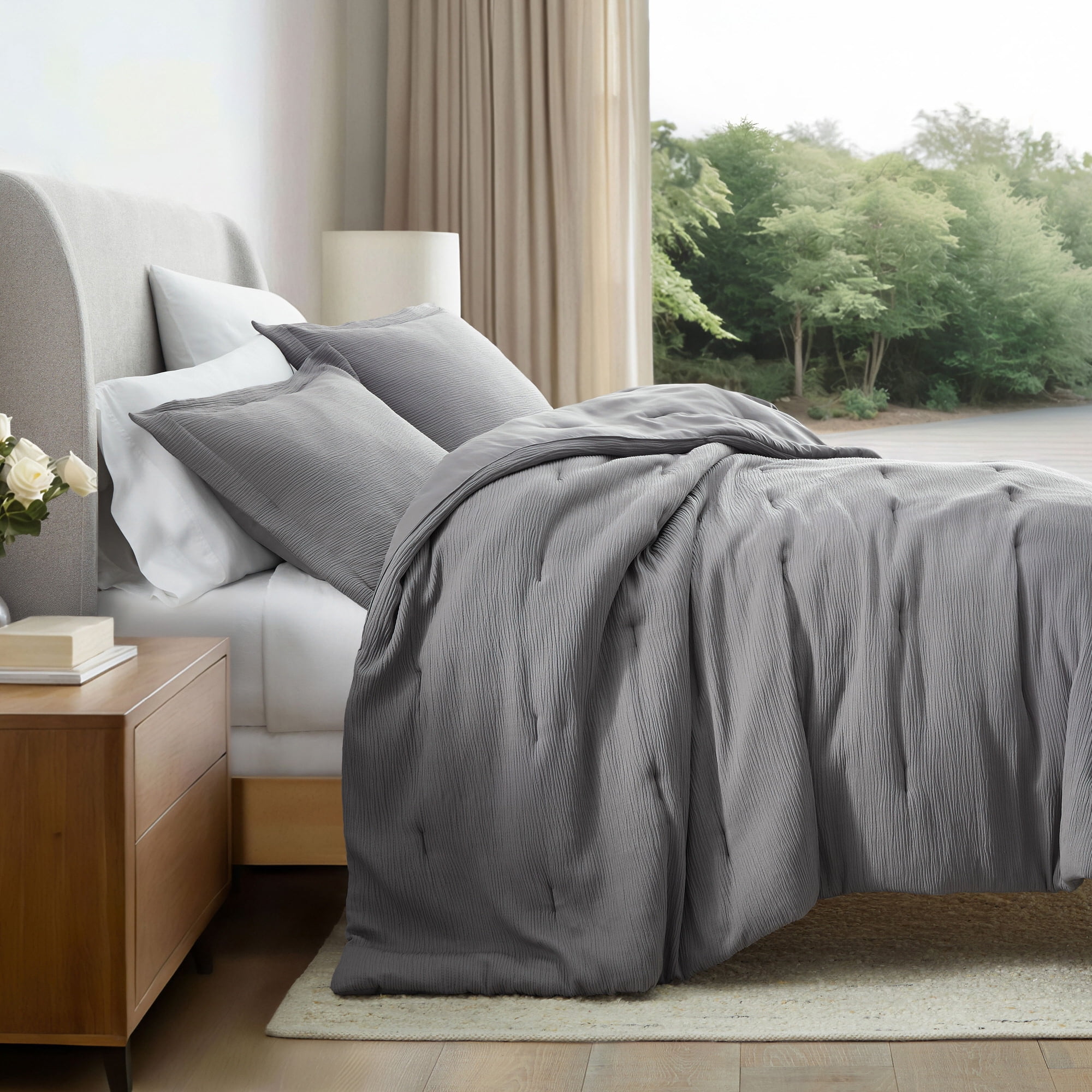 Noble Linens 3 Piece Cloud Gauze Textured All Season Down-Alternative Comforter Set, Fog, Full/Queen
