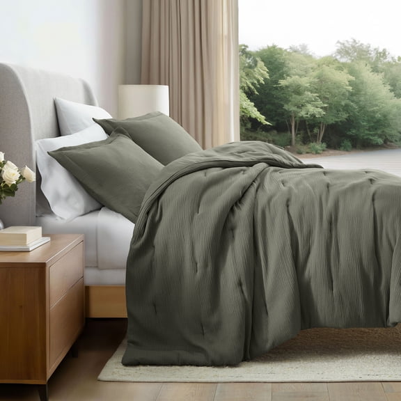 Noble Linens 3 Piece Cloud Gauze Textured All Season Down-Alternative Comforter Set, Olive, Full/Queen