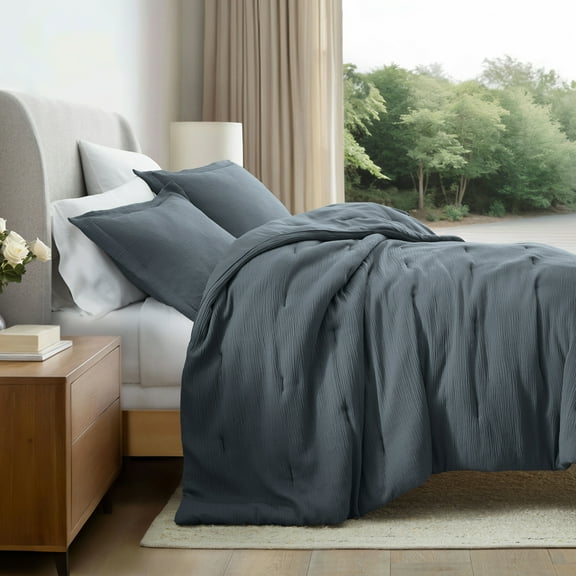 Noble Linens 3 Piece Cloud Gauze Textured All Season Down-Alternative Comforter Set, Slate Blue, Full/Queen