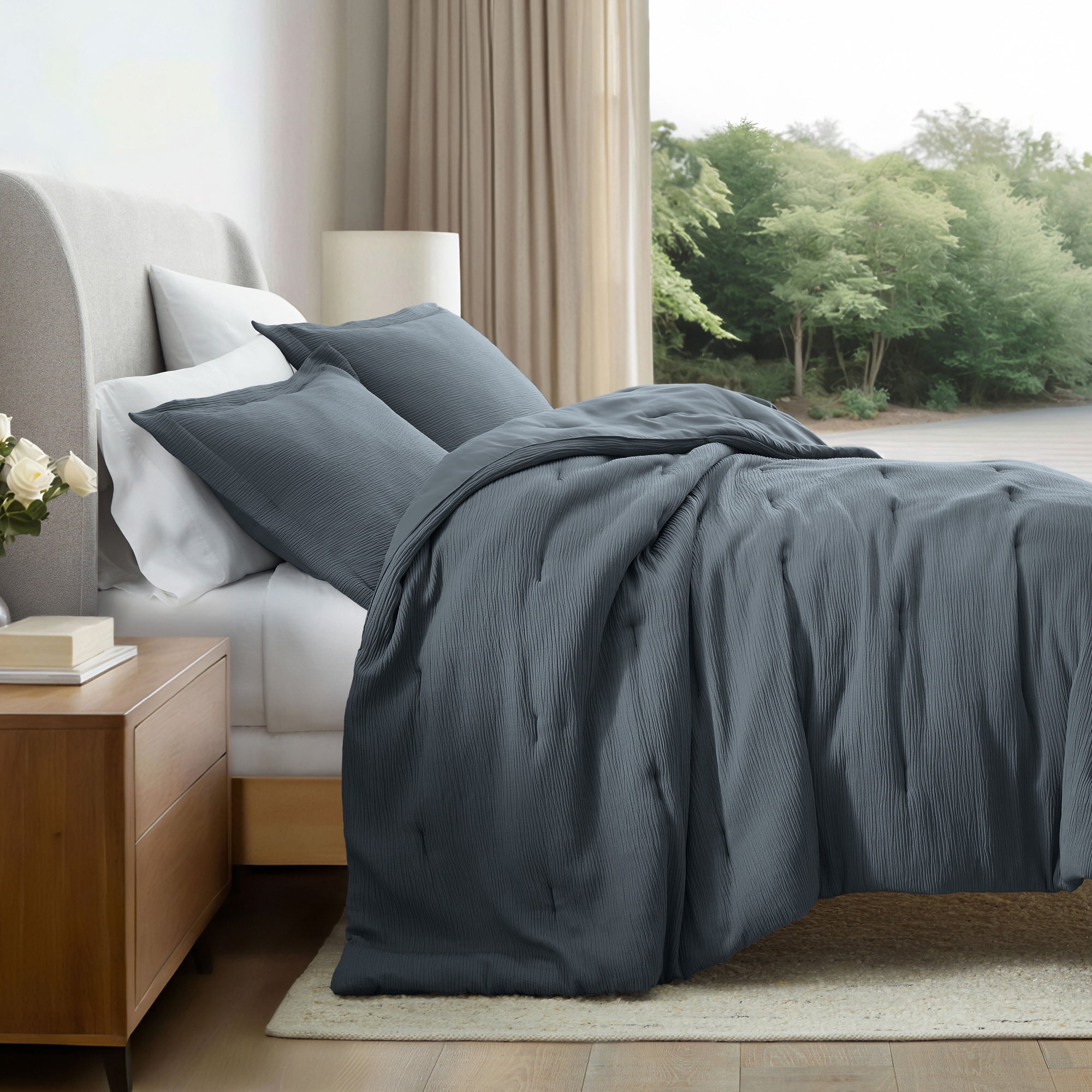 Noble Linens 3 Piece Cloud Gauze Textured All Season Down-Alternative Comforter Set, Slate Blue, King/Cal-King