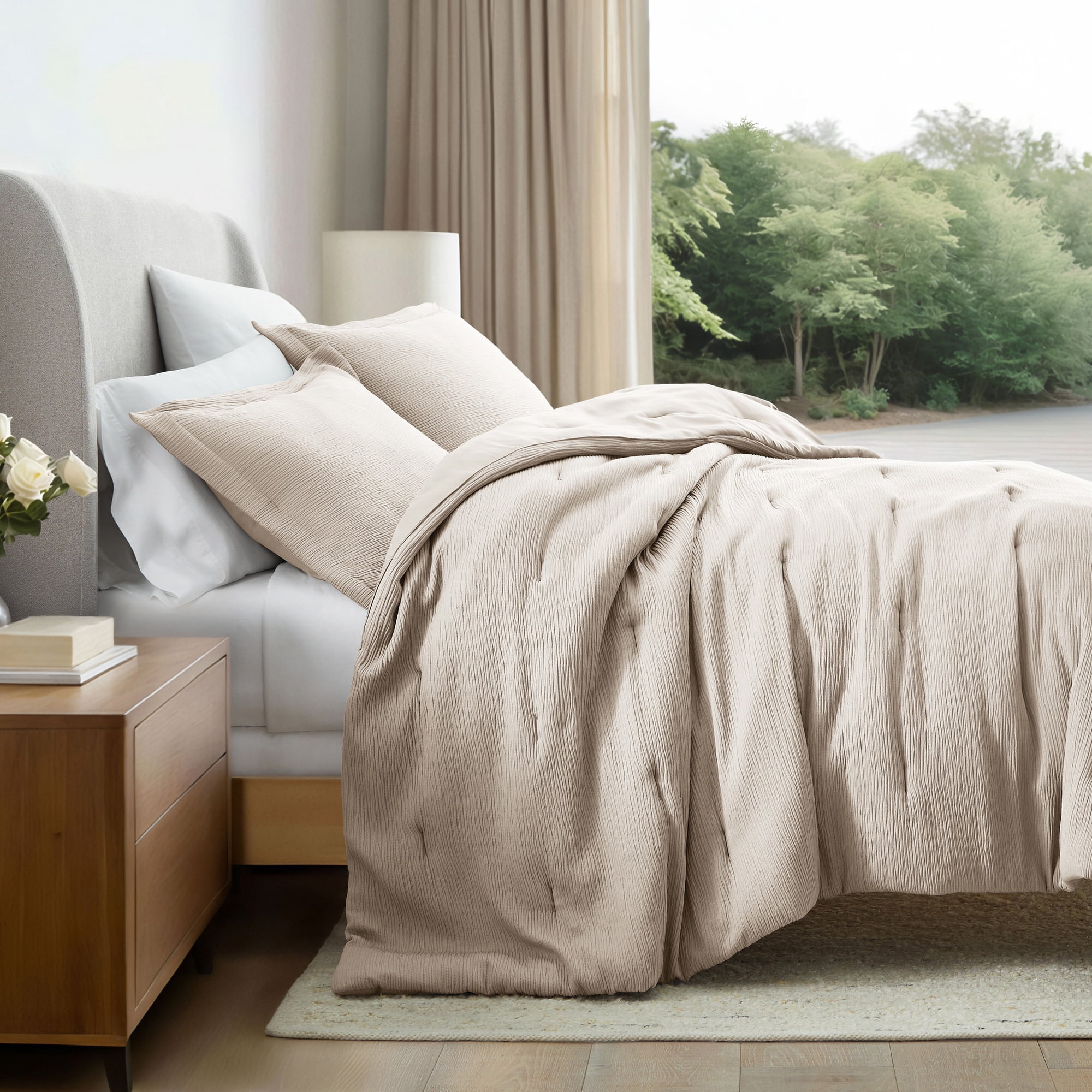 Noble Linens 3 Piece Cloud Gauze Textured All Season Down-Alternative Comforter Set, Tan, King/Cal-King