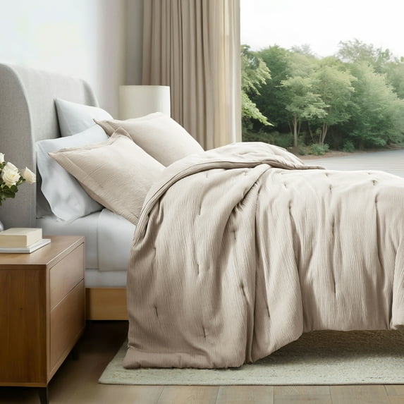 Noble Linens 3 Piece Cloud Gauze Textured All Season Down-Alternative Comforter Set, Tan, Twin/TwinXL