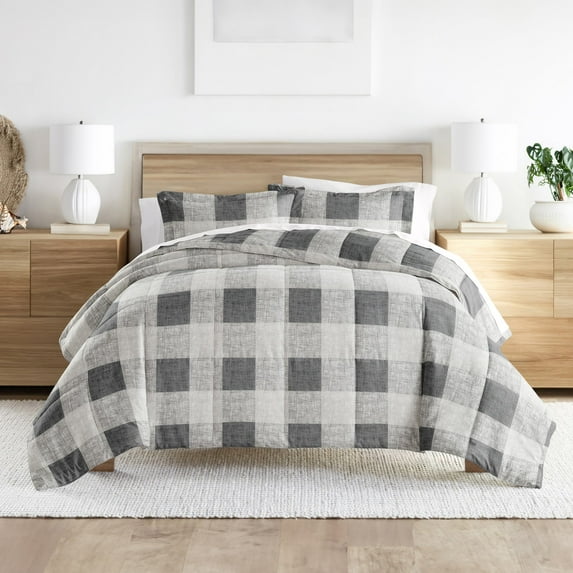 Noble Linens 3-Piece Gray Gingham Print Comforter Set, Full/Queen