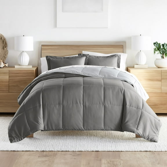 Noble Linens Soft 3-Piece Gray & Silver Reversible All Season Lightweight Down Alternative Comforter Set, Full/Queen