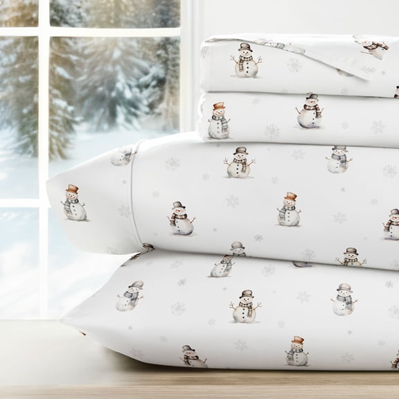 Noble Linens 3 Piece Holiday Microfiber Bed Sheet Set, Vintage Snowman, Twin