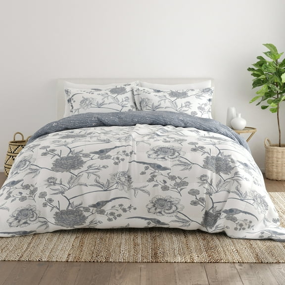 Noble Linens 3-Piece Light Blue Molly Botanicals Reversible Print Comforter Set, Full/Queen