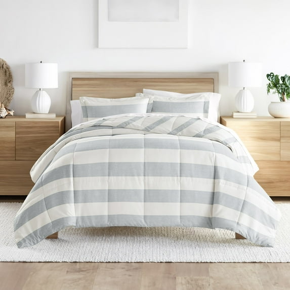 Noble Linens 3-Piece Light Gray Distressed Stripe Reversible Print Comforter Set,Full/Queen
