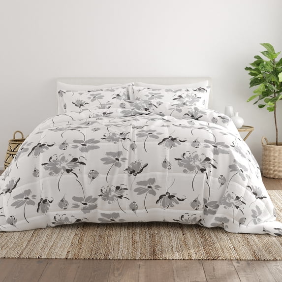 Noble Linens 3-Piece Light Gray Magnolia Gray Print Comforter Set, Full/Queen