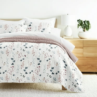 Noble Linens 3-Piece Mauve Poppy Bloom Reversible Quilt Set, Queen