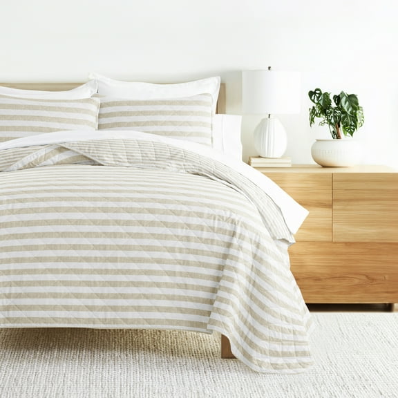 Noble Linens 3-Piece Natural Classic Stripe Reversible Quilt Set