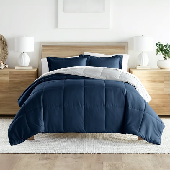 Noble Linens 3-Piece Navy & Gray Reversible Down Alternative Comforter Set, Twin/Twin XL
