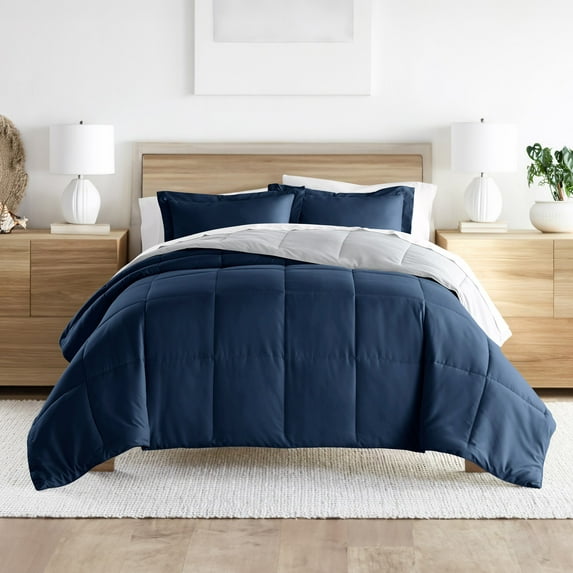 Noble Linens 2-Piece Navy & Gray Reversible Down Alternative Comforter Set, Twin/Twin XL