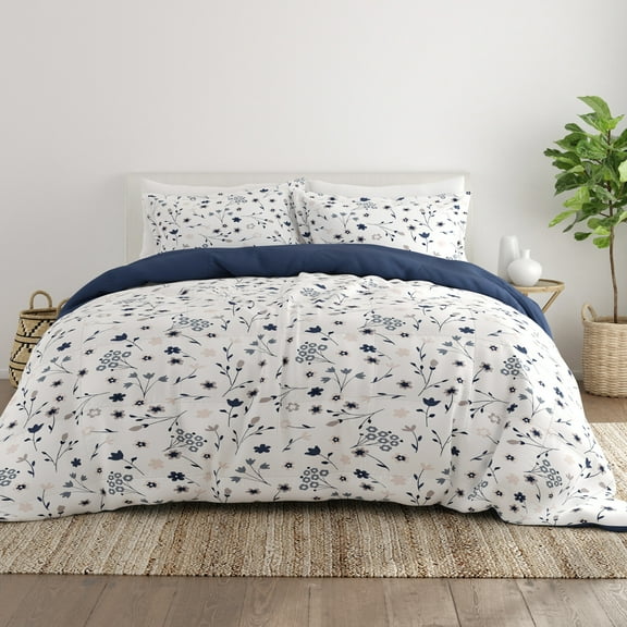 Noble Linens 3-Piece Navy Reversible Comforter Set, Full/Queen