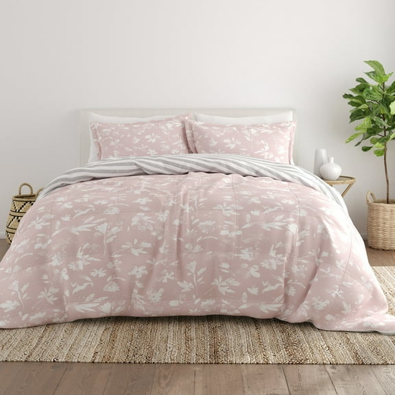 Noble Linens 3-Piece Pink Pressed Flowers Reversible Print Comforter Set, King/CalKing