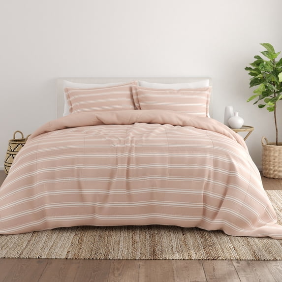 Noble Linens 3-Piece Rose Soft Stripe Reversible Print Comforter Set, King/CalKing