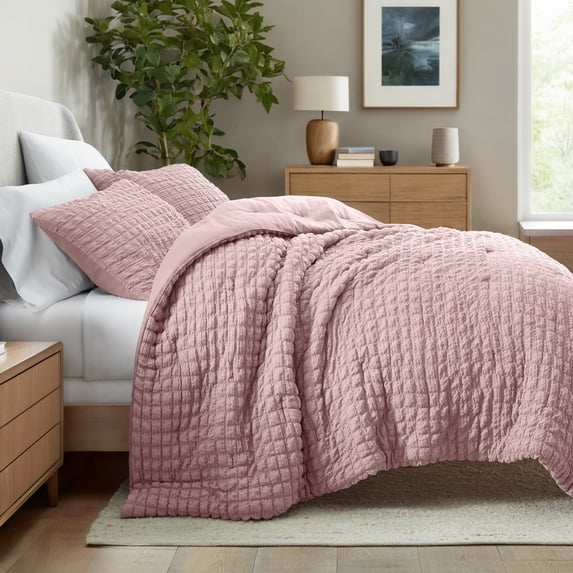 Noble Linens 3 Piece Seersucker Textured All Season Down-Alternative Comforter Set, Rose, Twin/TwinXL