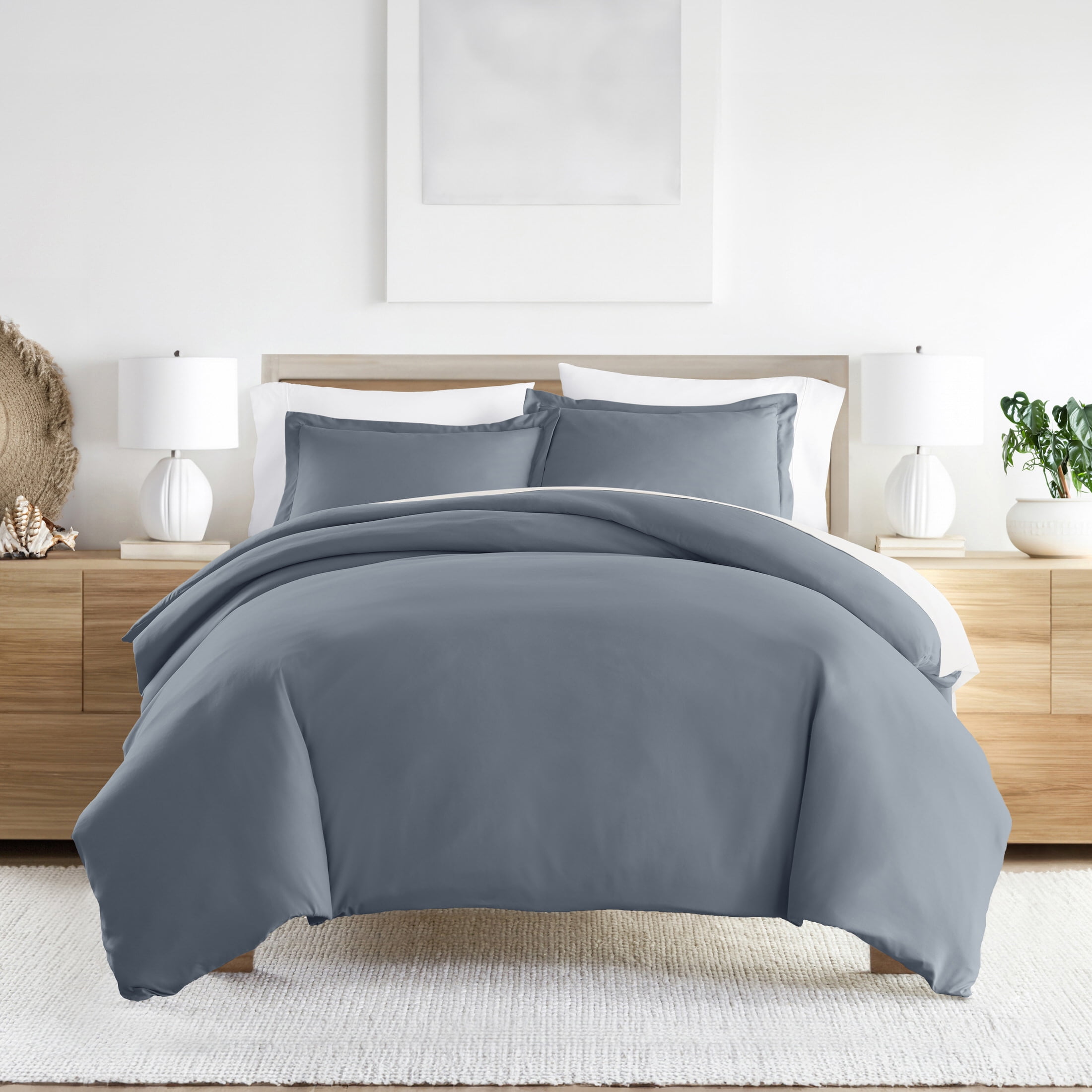 Stone Blue Microfiber Full/Queen Duvet Cover Set with Pillow Shams