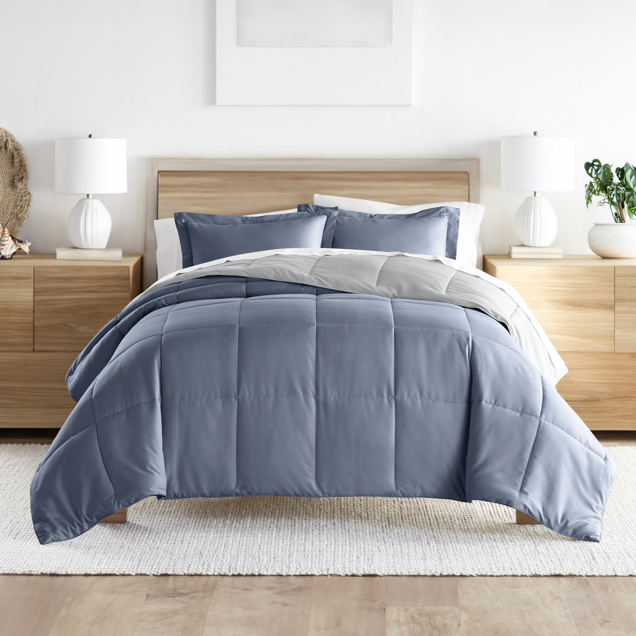 Noble Linens Soft 3-Piece Stone & Light Gray Reversible All Season Lightweight Down Alternative Comforter Set, Full/Queen