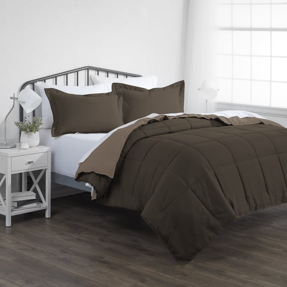 Noble Linens Soft 3-Piece Taupe & Chocolate Reversible All Season Lightweight Down Alternative Comforter Set, King/Cal King
