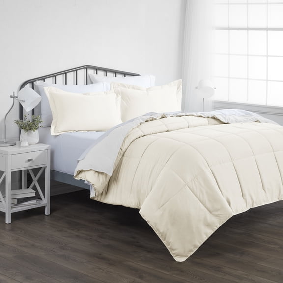 Noble Linens Soft 3-Piece White & Ivory Reversible All Season Lightweight Down Alternative Comforter Set, Full/Queen