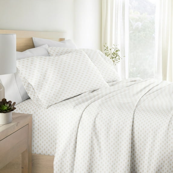 Noble Linens 4 Piece 300TC Cotton Printed Sheets, Moon Daisies Natural, Queen