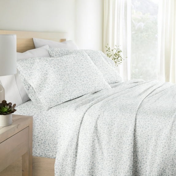 Noble Linens 4 Piece 300TC Cotton Printed Sheets, Rustic Jacobean Light Blue, Queen