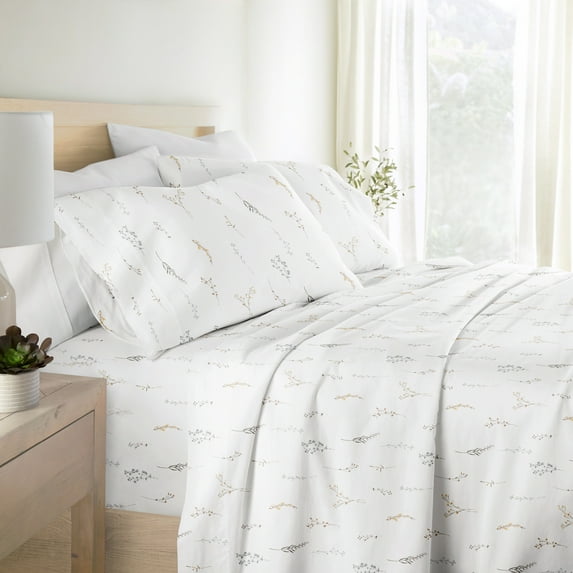 Noble Linens 4 Piece 300TC Cotton Printed Sheets, Wild Garden White, Queen