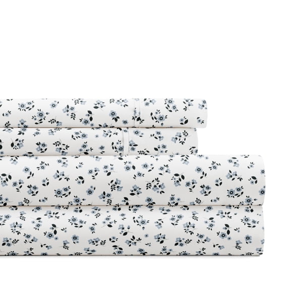 Noble Linens 4 Piece Pattern Microfiber Bed Sheets Set, Delicate Blossoms Light Blue, Cal King