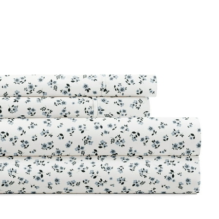 Noble Linens 4 Piece Pattern Microfiber Bed Sheets Set, Delicate Blossoms Light Blue, Twin