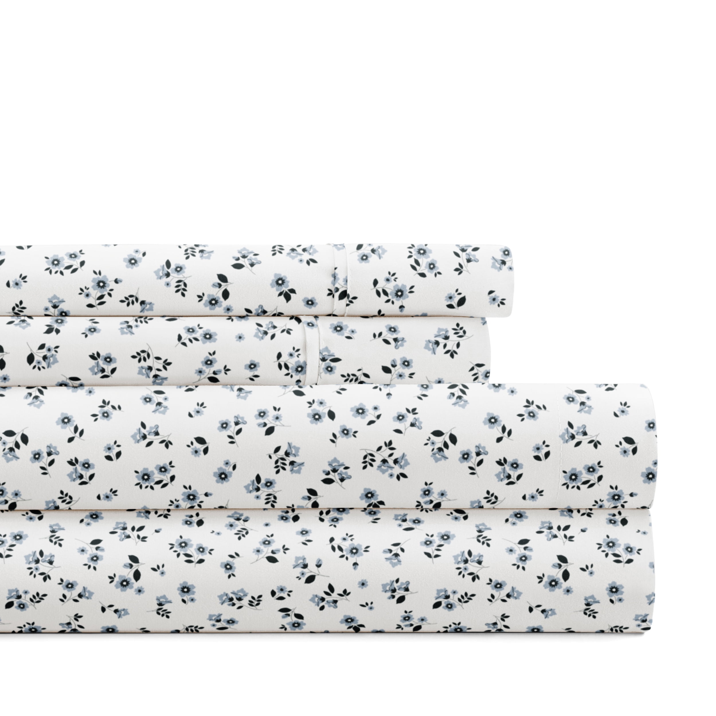 Noble Linens 4 Piece Pattern Microfiber Bed Sheets Set, Ditsy Blossom Light Blue, Full