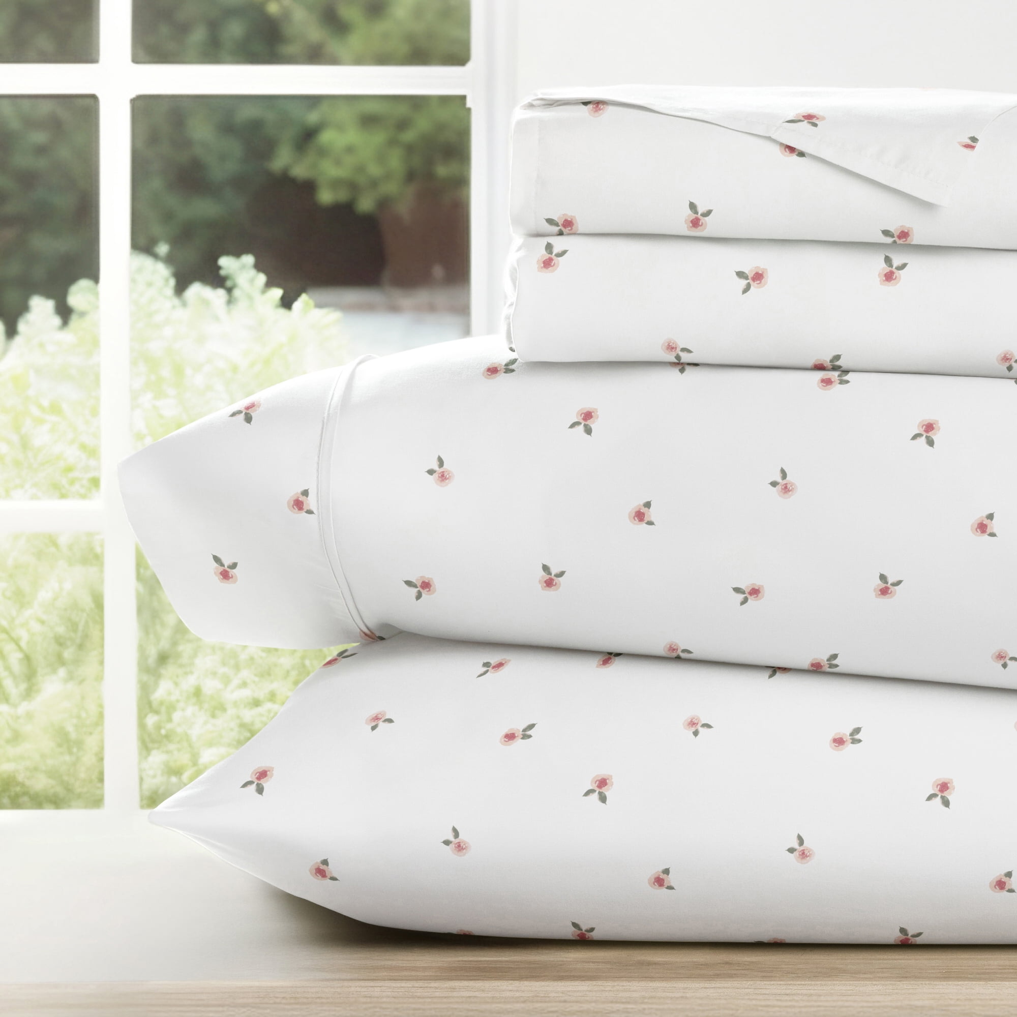 Noble Linens 4 Piece Ditsy Pattern Microfiber Bed Sheets, Pink Floral, King