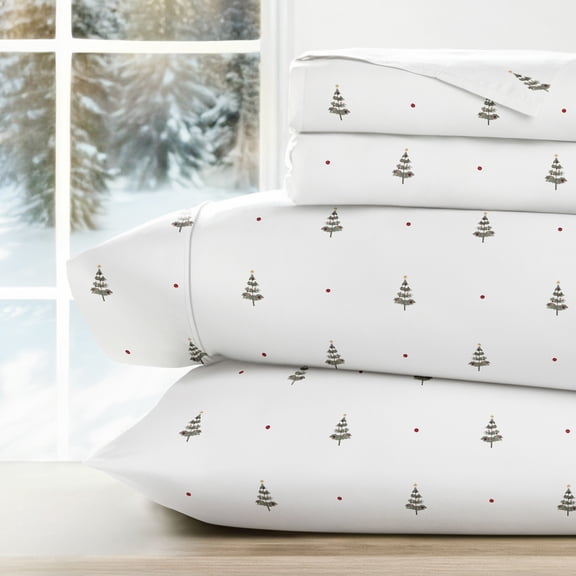 Noble Linens 4 Piece Holiday Microfiber Bed Sheet Set, Christmas Tree, King