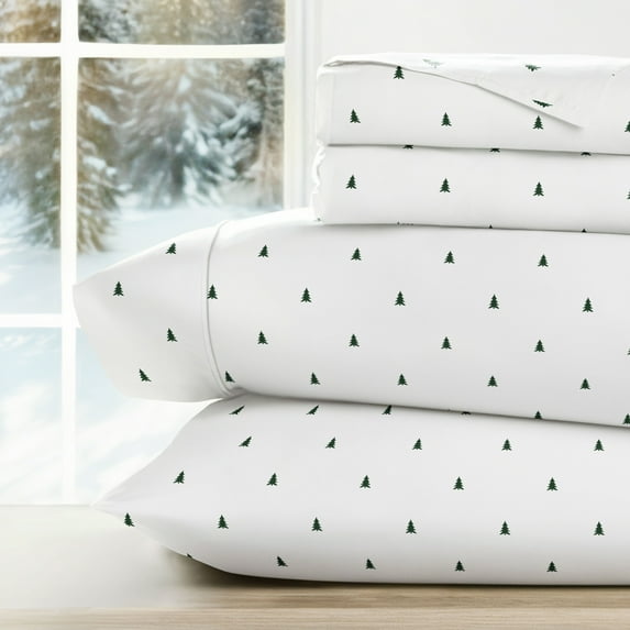Noble Linens 4 Piece Holiday Microfiber Bed Sheet Set, Pine Tree, Full