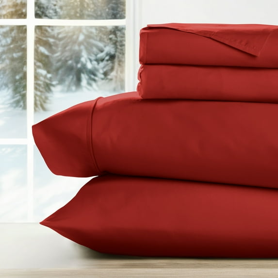Noble Linens 4 Piece Holiday Microfiber Bed Sheet Set, Red, King