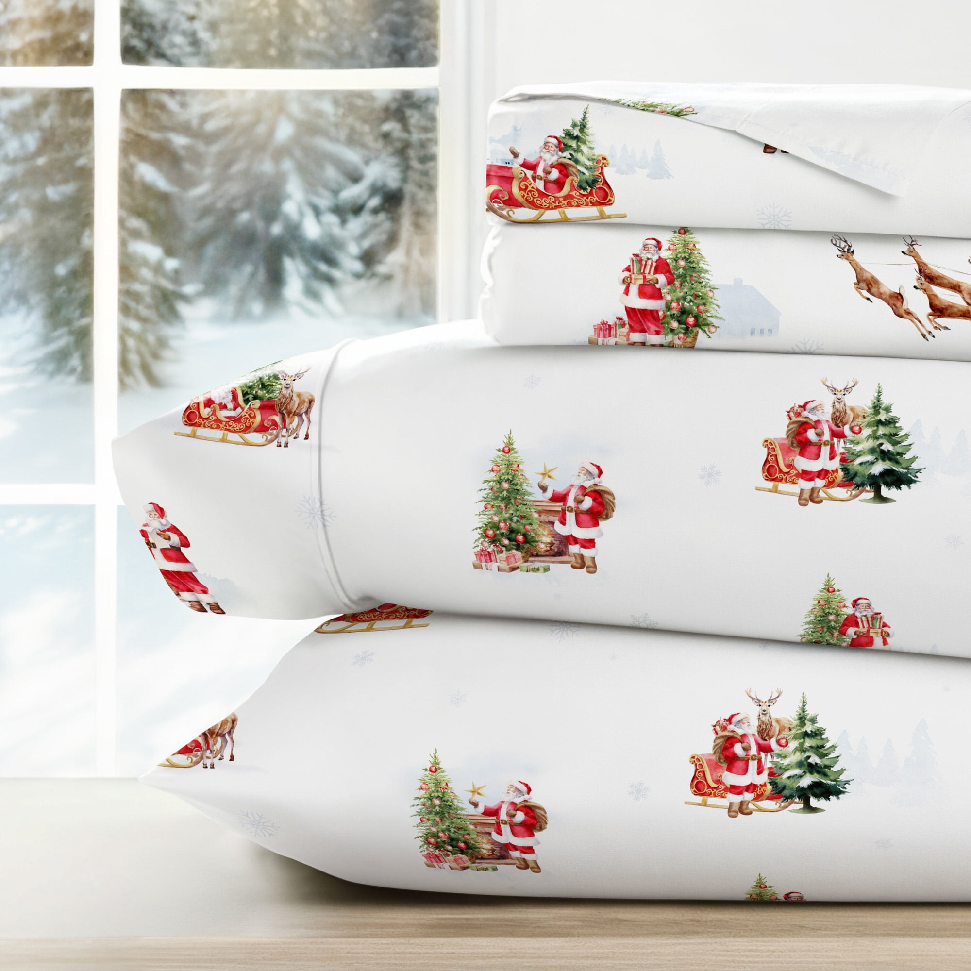 Noble Linens 4 Piece Holiday Microfiber Bed Sheet Set, Vintage Santa, Queen