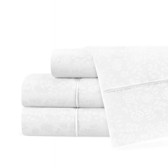 Noble Linens 4 Piece Hotel Collection Sheet Set with Embossed Floral Pattern