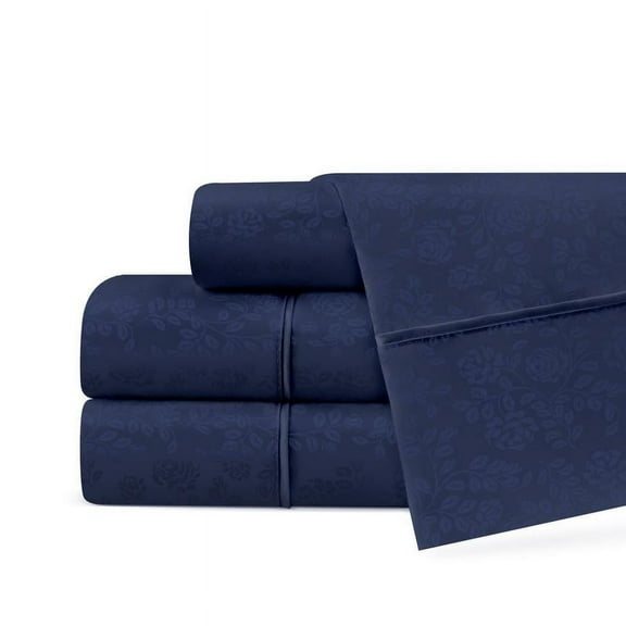 Noble Linens 4 Piece Hotel Collection Sheet Set with Embossed Floral Pattern